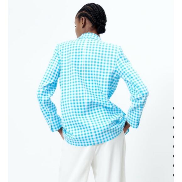 Zara Blazer Blue & White Gingham Blazer Bloggers Favorite Preppy Clueless Sz L - Picture 7 of 16